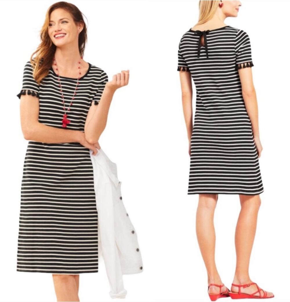 Talbots Striped Tassel Pom Pom Dress Black White Size XS